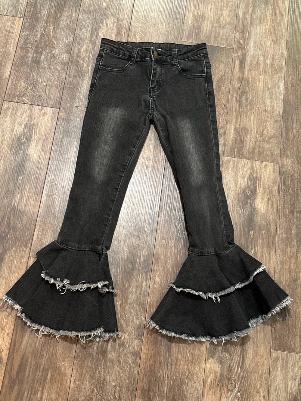 Girls' Black Ruffle Flare Jeans with Frayed Hem